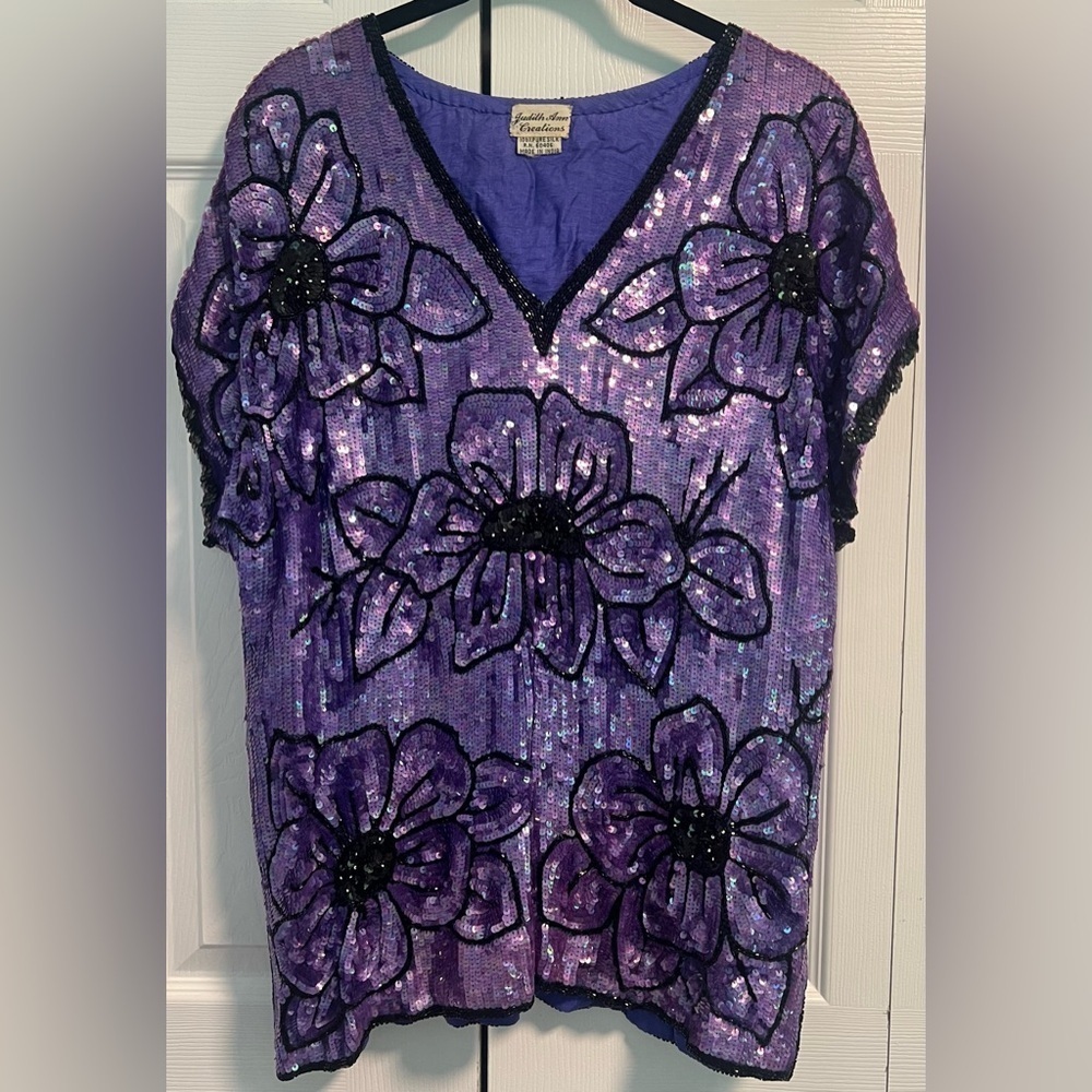 Vintage Judith Ann Creations Floral Sequined Silk Sleeveless Blouse
